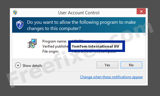 Screenshot where TomTom International BV appears as the verified publisher in the UAC dialog